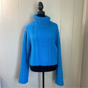 Elan Blue Cropped Chunky Cable Knit Turtleneck Sweater Size Large